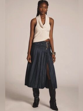 *NWT* Pilcro by Anthropologie Low Slung Pleated Denim Midi Skirt Sz. 14